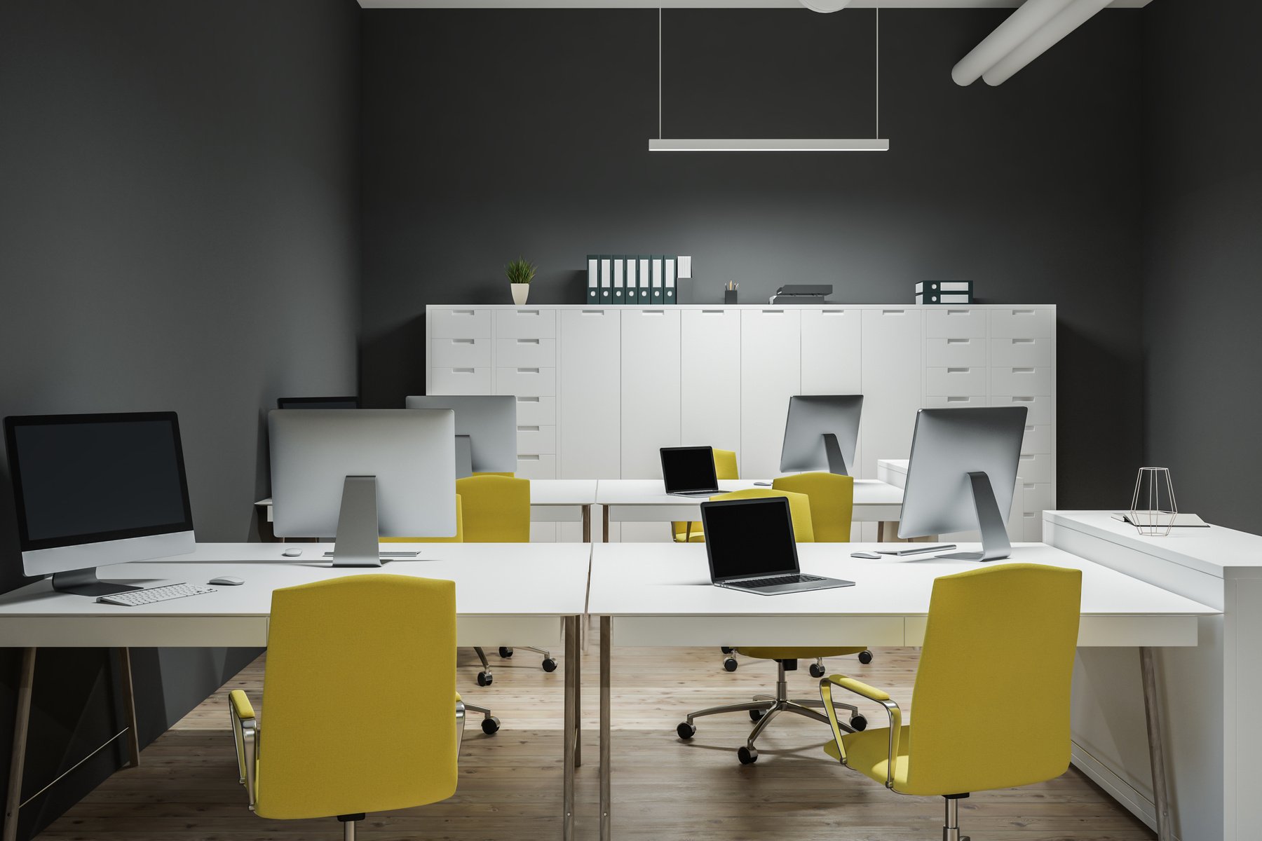 Gray open space office interior, yellow chairs